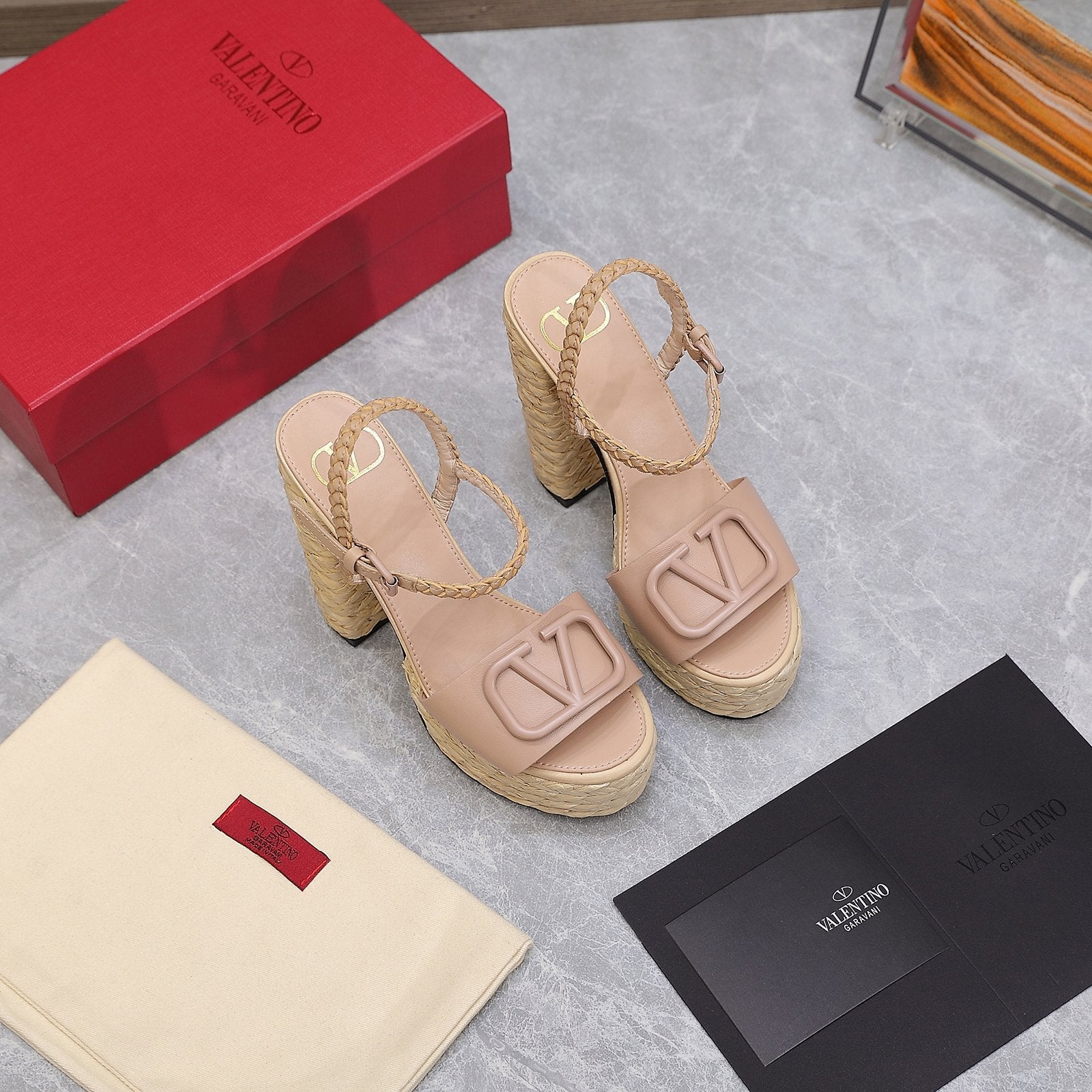 VLTN ESPADRILLE WEDGE SANDALS 25S 130 MM IN MUTED PEACH BEIGE LAMBSKIN