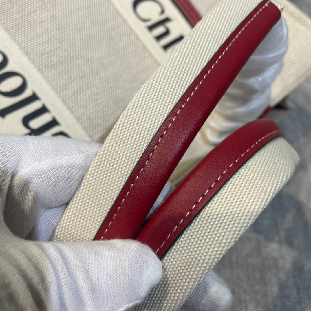 CHLOE LAGRE WOODY TOTE BAG 45 IN BEIGE LINEN CANVAS BLACK WEBBING LOGO EMBROIDER RED CALFSKIN