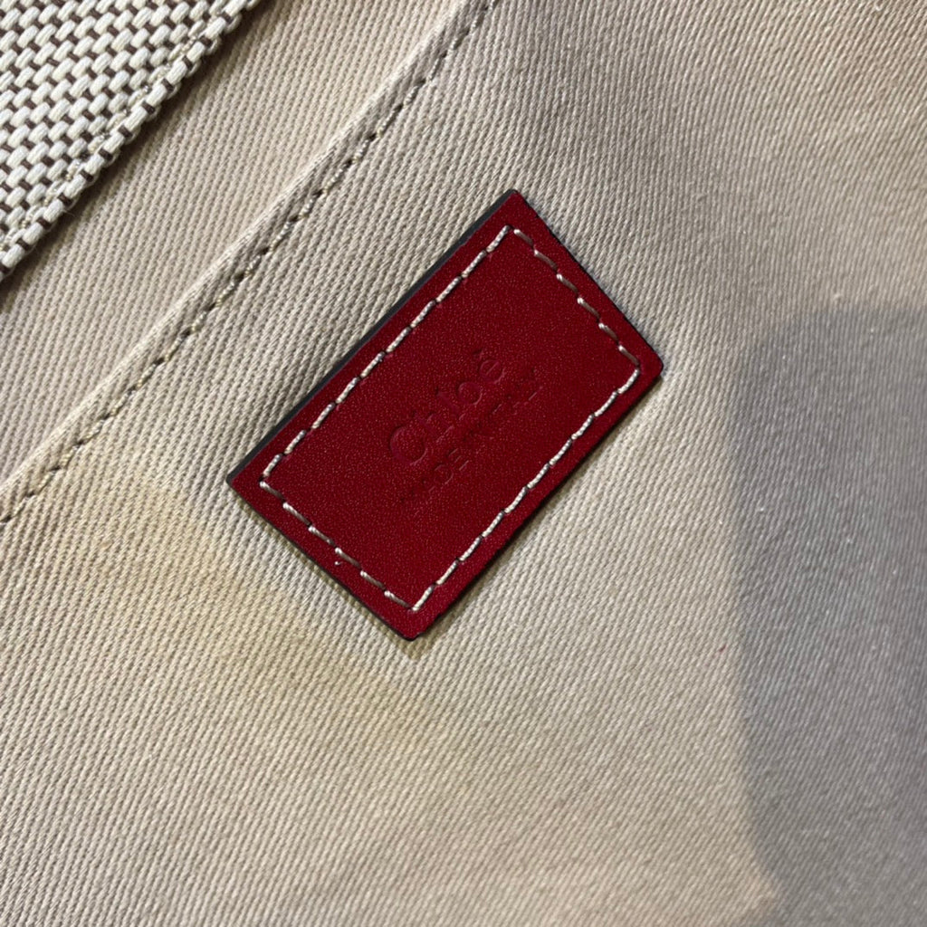 CHLOE LAGRE WOODY TOTE BAG 45 IN BEIGE LINEN CANVAS BLACK WEBBING LOGO EMBROIDER RED CALFSKIN