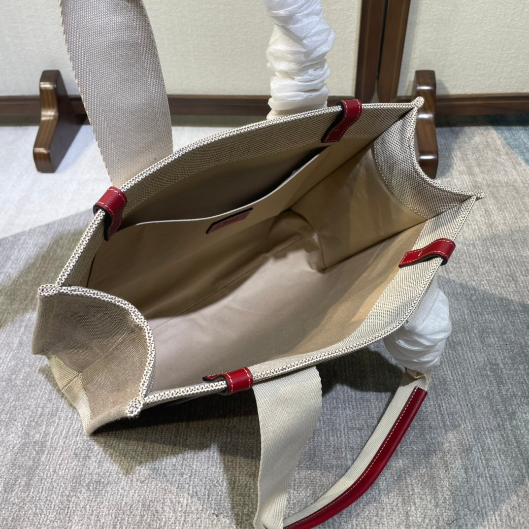 CHLOE MEDIUM STRAP WOODY TOTE BAG 37 IN BEIGE LINEN CANVAS BLACK WEBBING LOGO EMBROIDER RED CALFSKIN