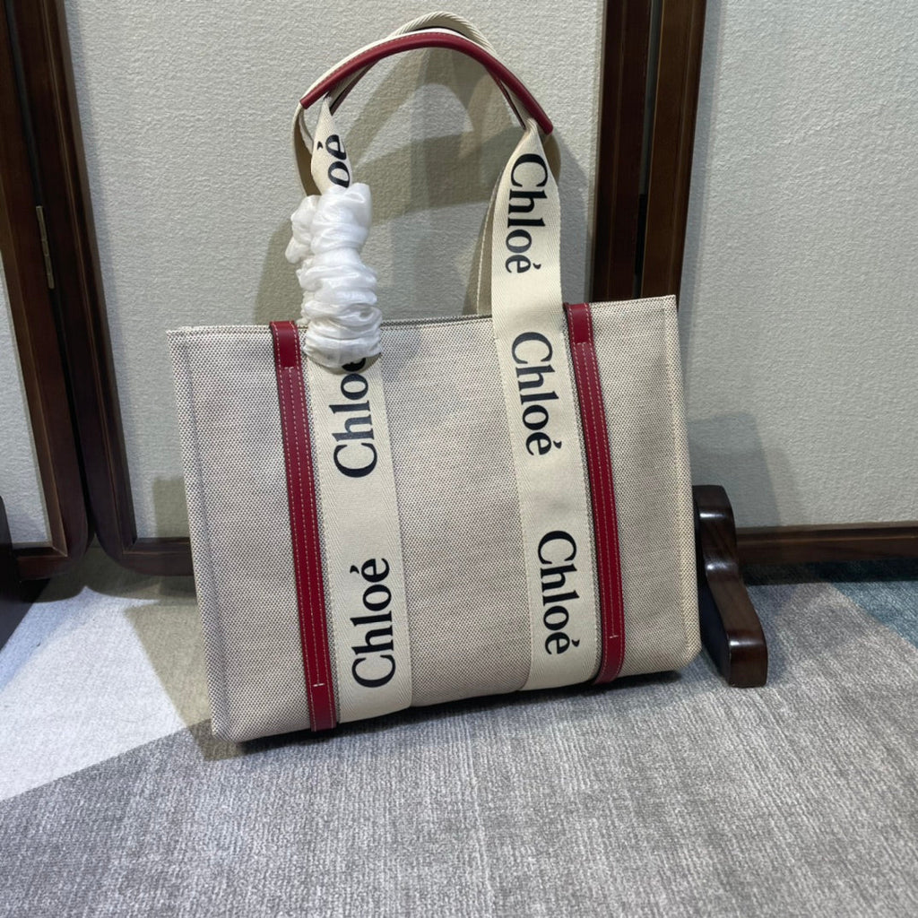 CHLOE MEDIUM STRAP WOODY TOTE BAG 37 IN BEIGE LINEN CANVAS BLACK WEBBING LOGO EMBROIDER RED CALFSKIN