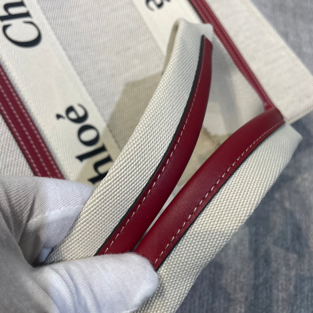 CHLOE MEDIUM STRAP WOODY TOTE BAG 37 IN BEIGE LINEN CANVAS BLACK WEBBING LOGO EMBROIDER RED CALFSKIN