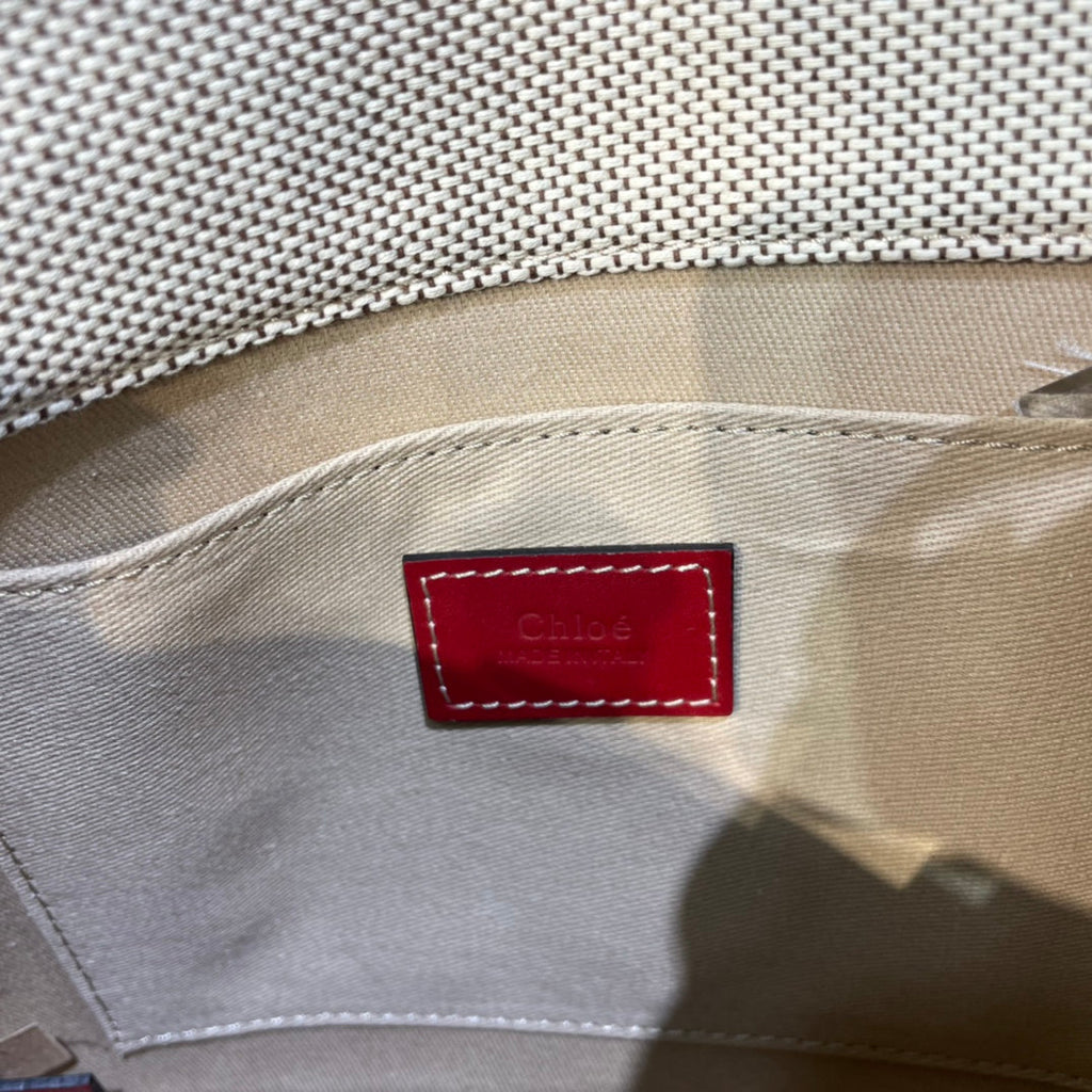 CHLOE SMALL STRAP WOODY TOTE BAG 26.5 IN BEIGE LINEN CANVAS BLACK WEBBING LOGO EMBROIDER RED CALFSKIN