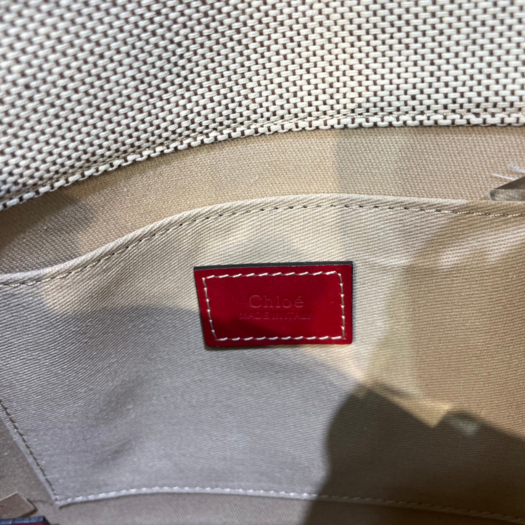 CHLOE SMALL STRAP WOODY TOTE BAG 26.5 IN BEIGE LINEN CANVAS BLACK WEBBING LOGO EMBROIDER RED CALFSKIN
