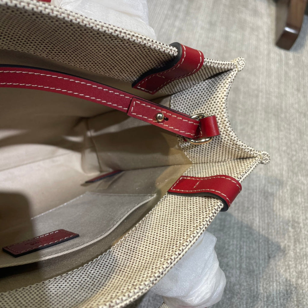 CHLOE SMALL STRAP WOODY TOTE BAG 26.5 IN BEIGE LINEN CANVAS BLACK WEBBING LOGO EMBROIDER RED CALFSKIN