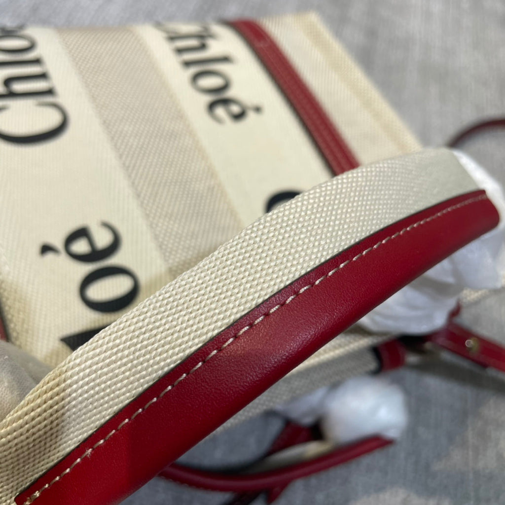 CHLOE SMALL STRAP WOODY TOTE BAG 26.5 IN BEIGE LINEN CANVAS BLACK WEBBING LOGO EMBROIDER RED CALFSKIN
