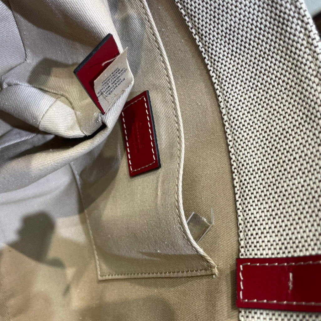 CHLOE SMALL STRAP WOODY TOTE BAG 26.5 IN BEIGE LINEN CANVAS BLACK WEBBING LOGO EMBROIDER RED CALFSKIN
