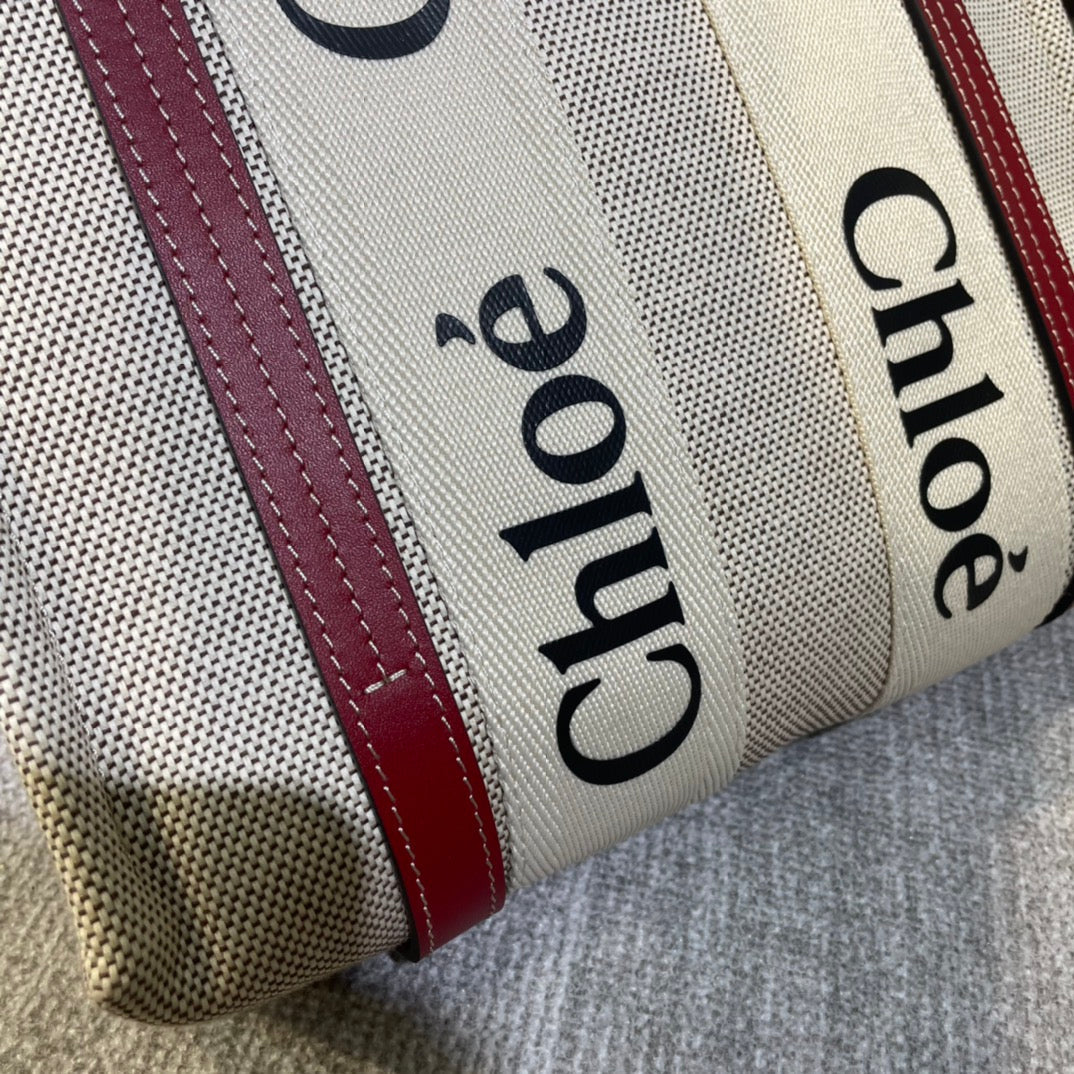CHLOE SMALL STRAP WOODY TOTE BAG 26.5 IN BEIGE LINEN CANVAS BLACK WEBBING LOGO EMBROIDER RED CALFSKIN