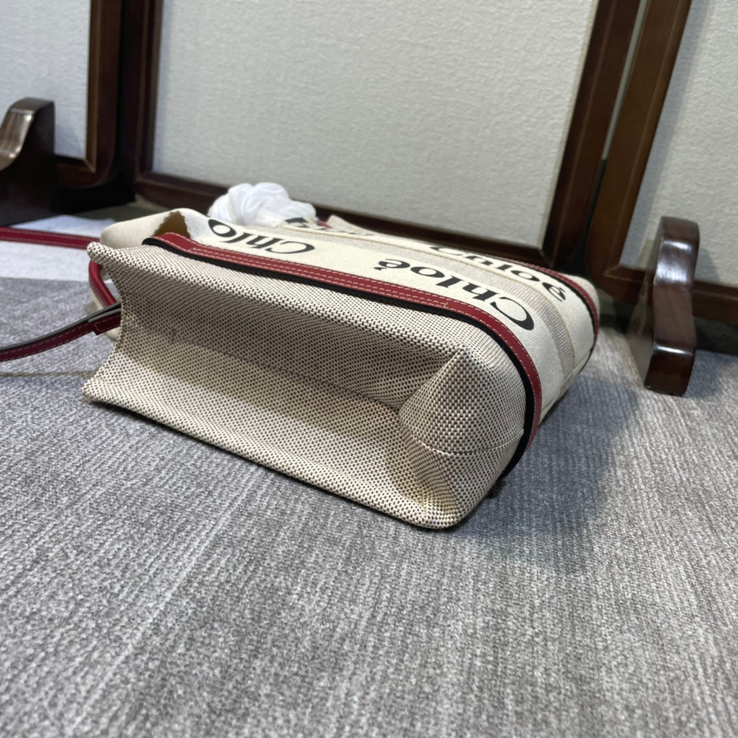 CHLOE SMALL STRAP WOODY TOTE BAG 26.5 IN BEIGE LINEN CANVAS BLACK WEBBING LOGO EMBROIDER RED CALFSKIN