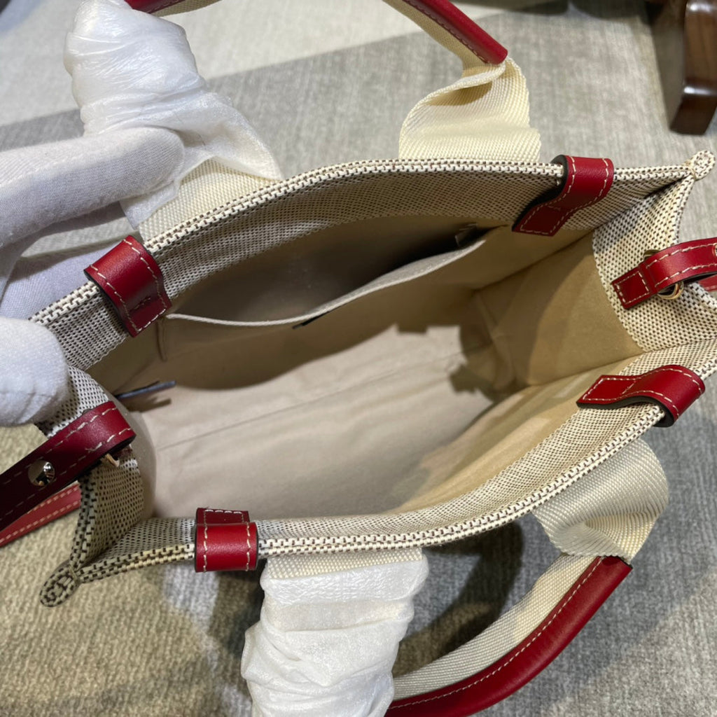 CHLOE SMALL STRAP WOODY TOTE BAG 26.5 IN BEIGE LINEN CANVAS BLACK WEBBING LOGO EMBROIDER RED CALFSKIN
