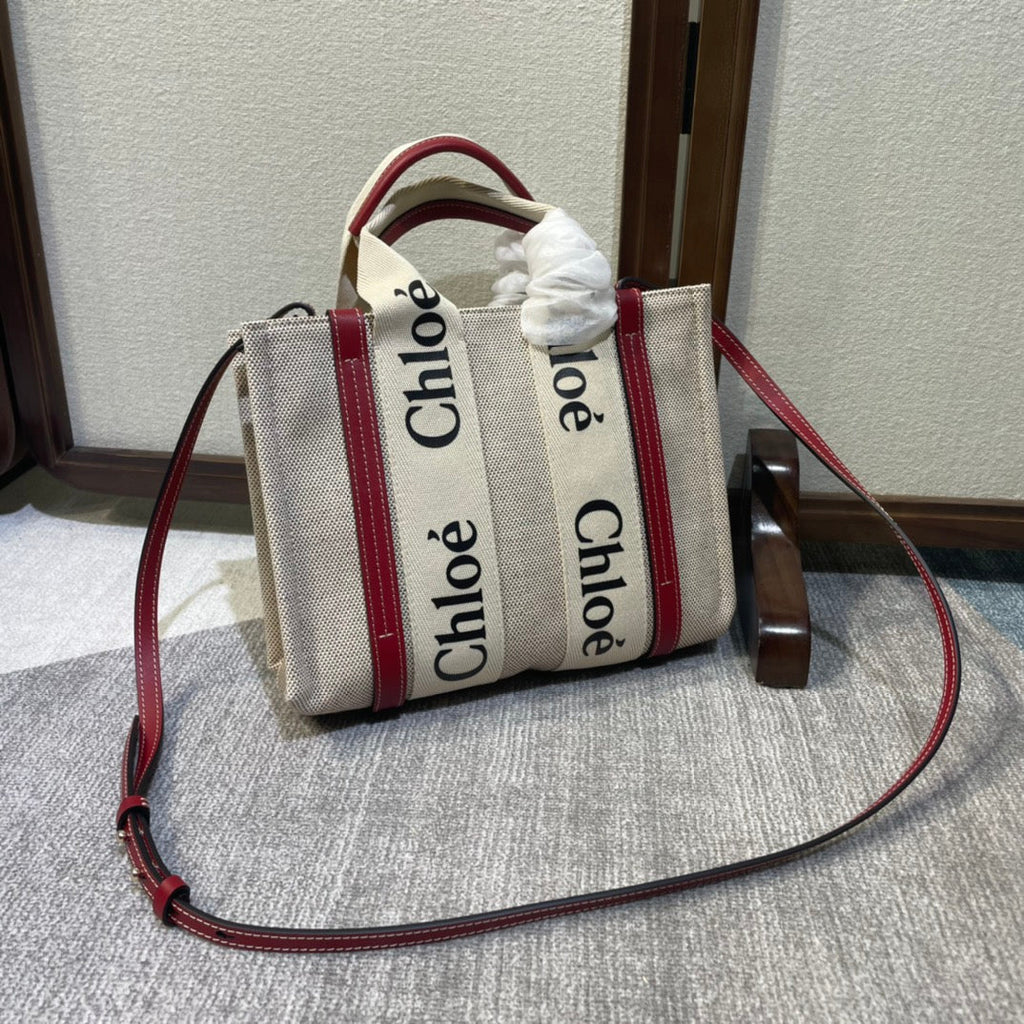 CHLOE SMALL STRAP WOODY TOTE BAG 26.5 IN BEIGE LINEN CANVAS BLACK WEBBING LOGO EMBROIDER RED CALFSKIN