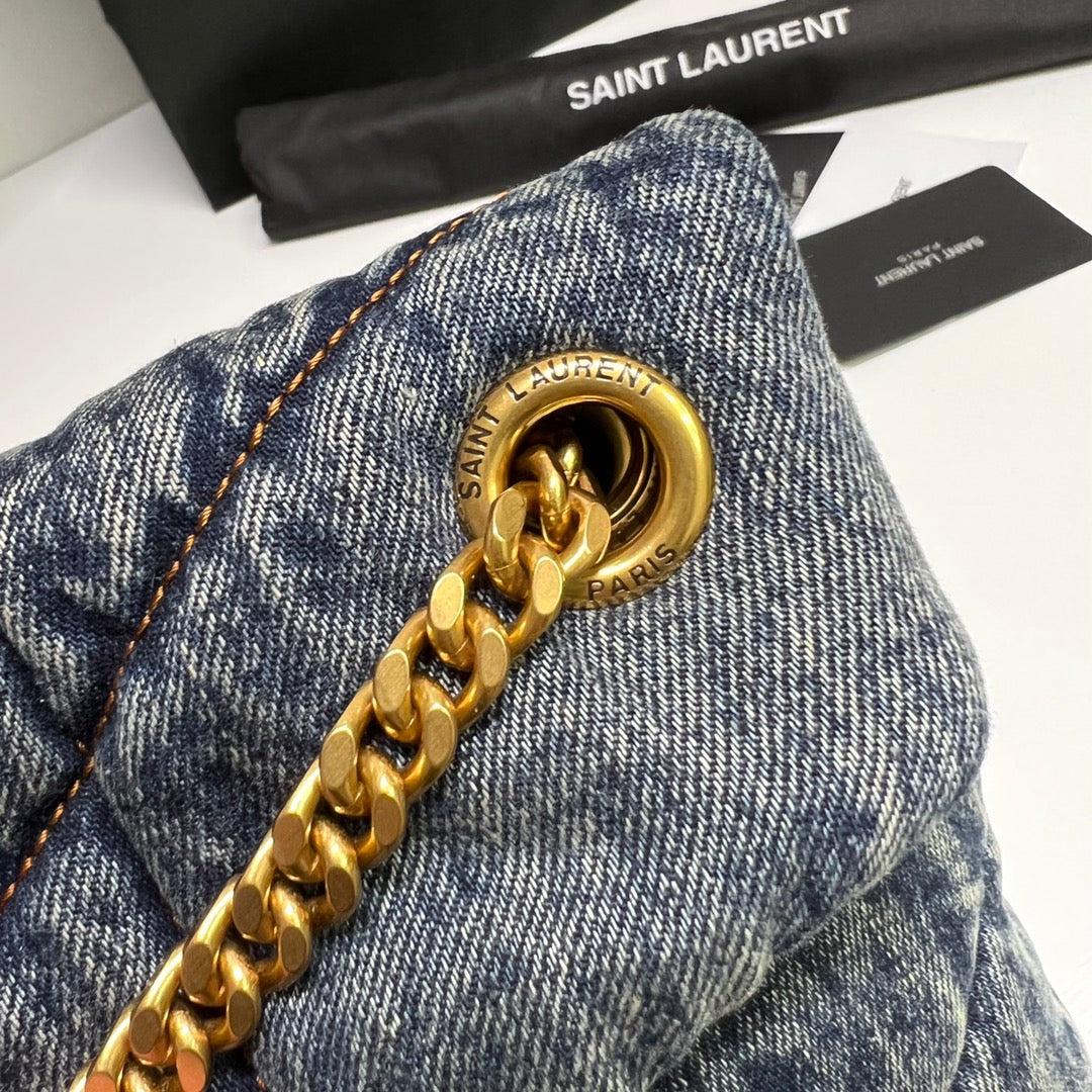 SAINT LAURENT PUFFER BAG 29 IN BLUE GRADIENT DENIM GOLD HARDWARE