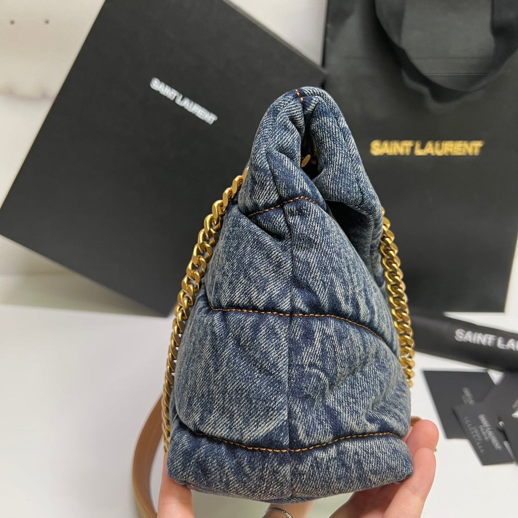 SAINT LAURENT PUFFER BAG 29 IN BLUE GRADIENT DENIM GOLD HARDWARE