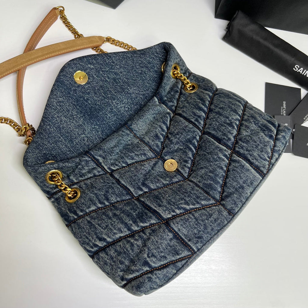 SAINT LAURENT PUFFER BAG 29 IN BLUE GRADIENT DENIM GOLD HARDWARE