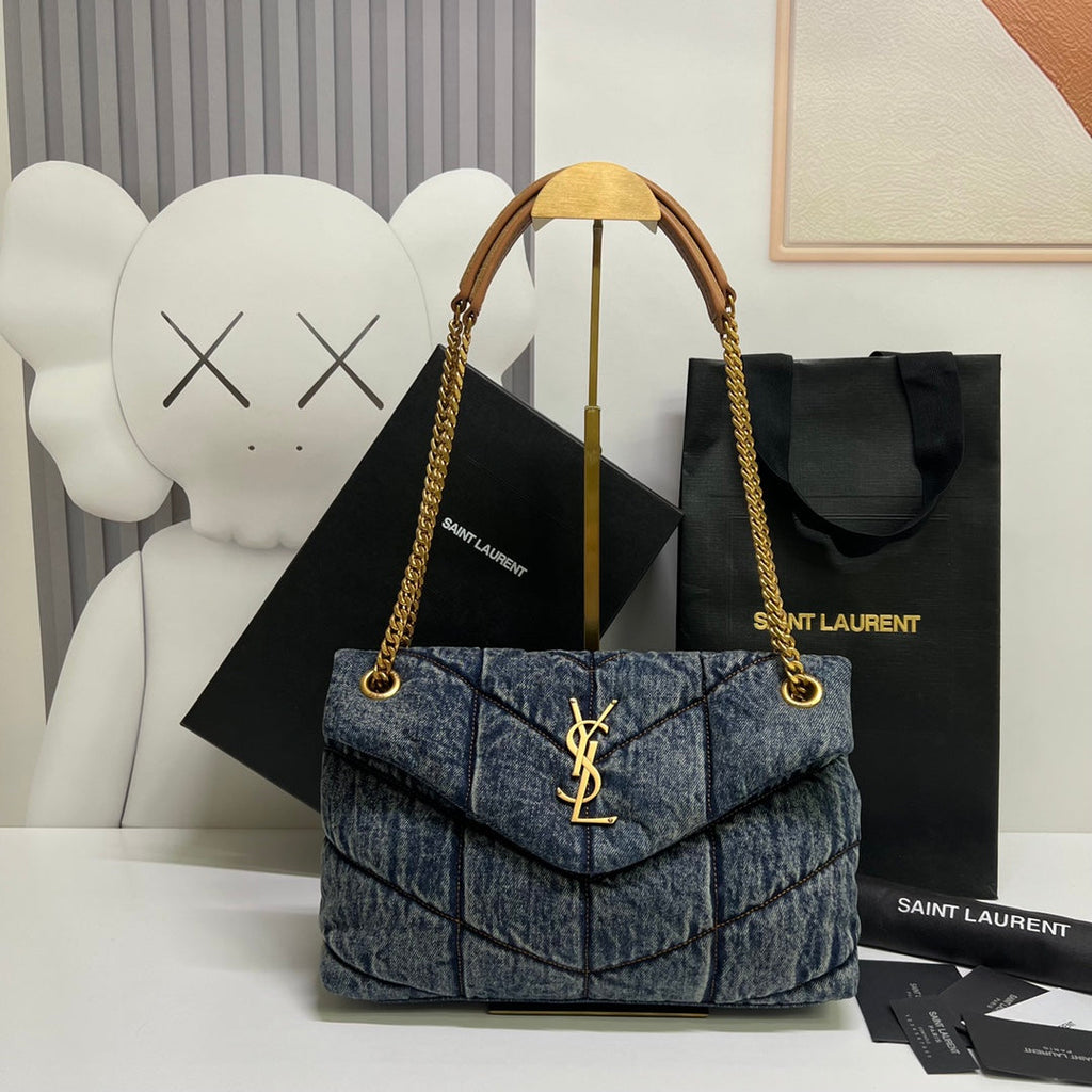SAINT LAURENT PUFFER BAG 29 IN BLUE GRADIENT DENIM GOLD HARDWARE