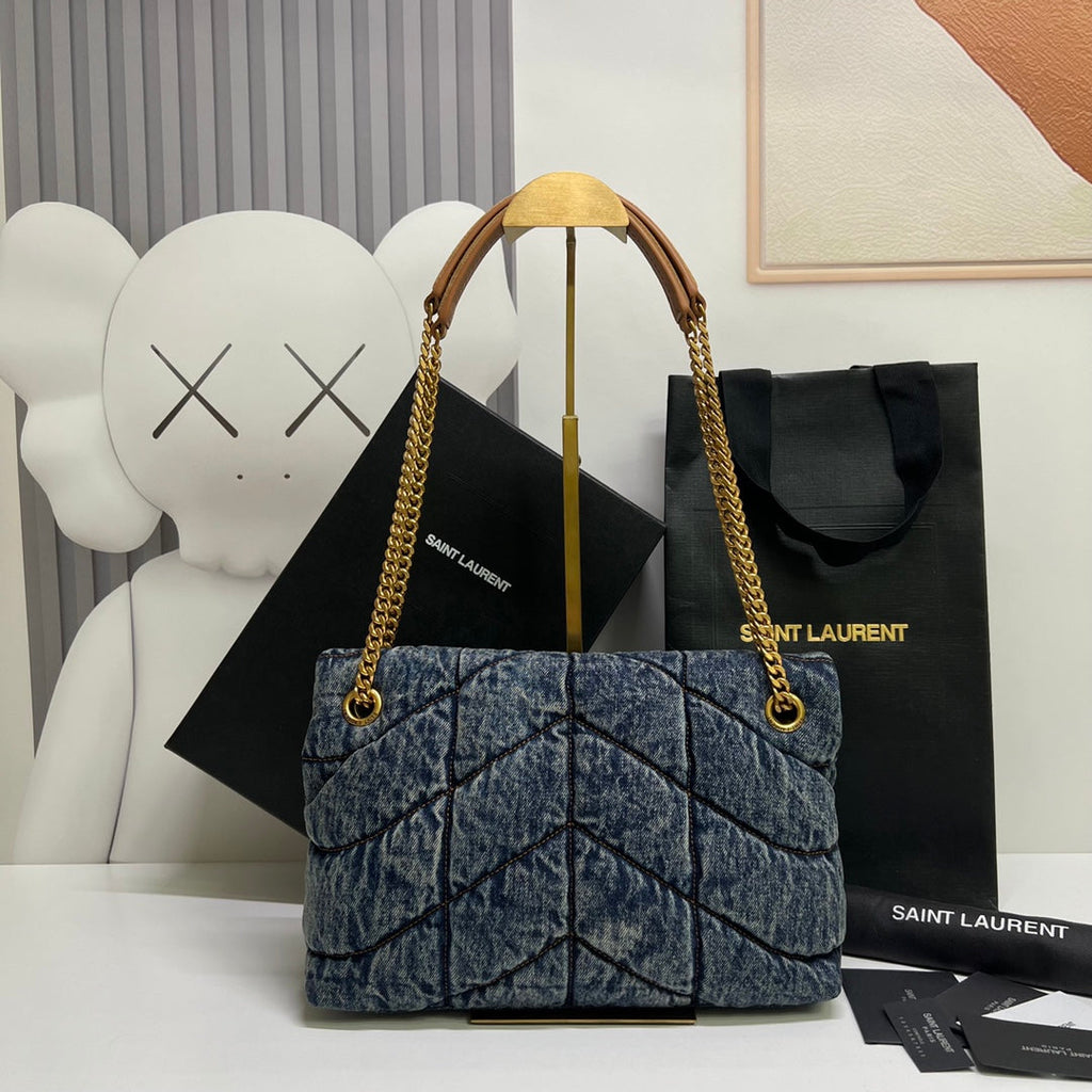 SAINT LAURENT PUFFER BAG 29 IN BLUE GRADIENT DENIM GOLD HARDWARE