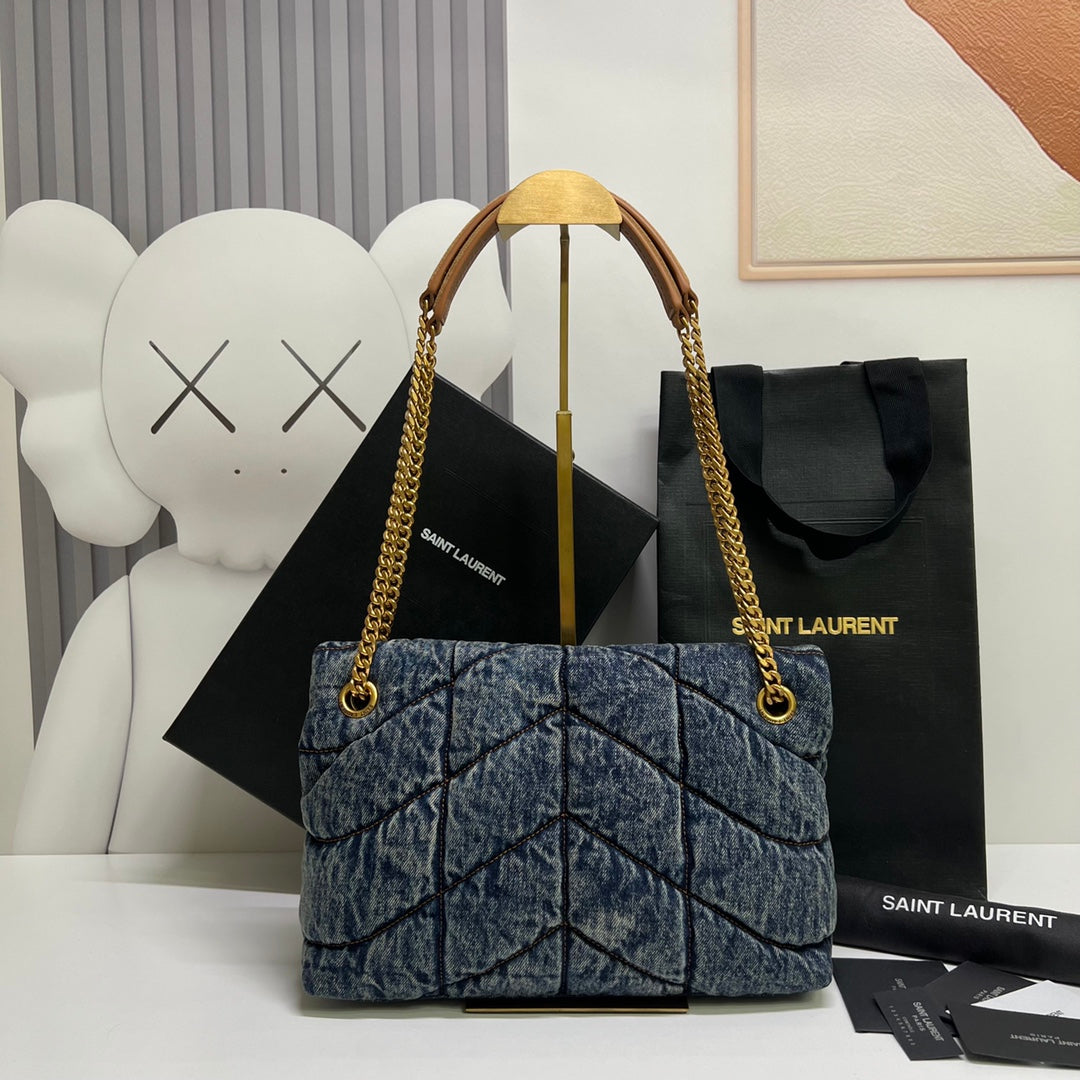 SAINT LAURENT PUFFER BAG 29 IN BLUE GRADIENT DENIM GOLD HARDWARE
