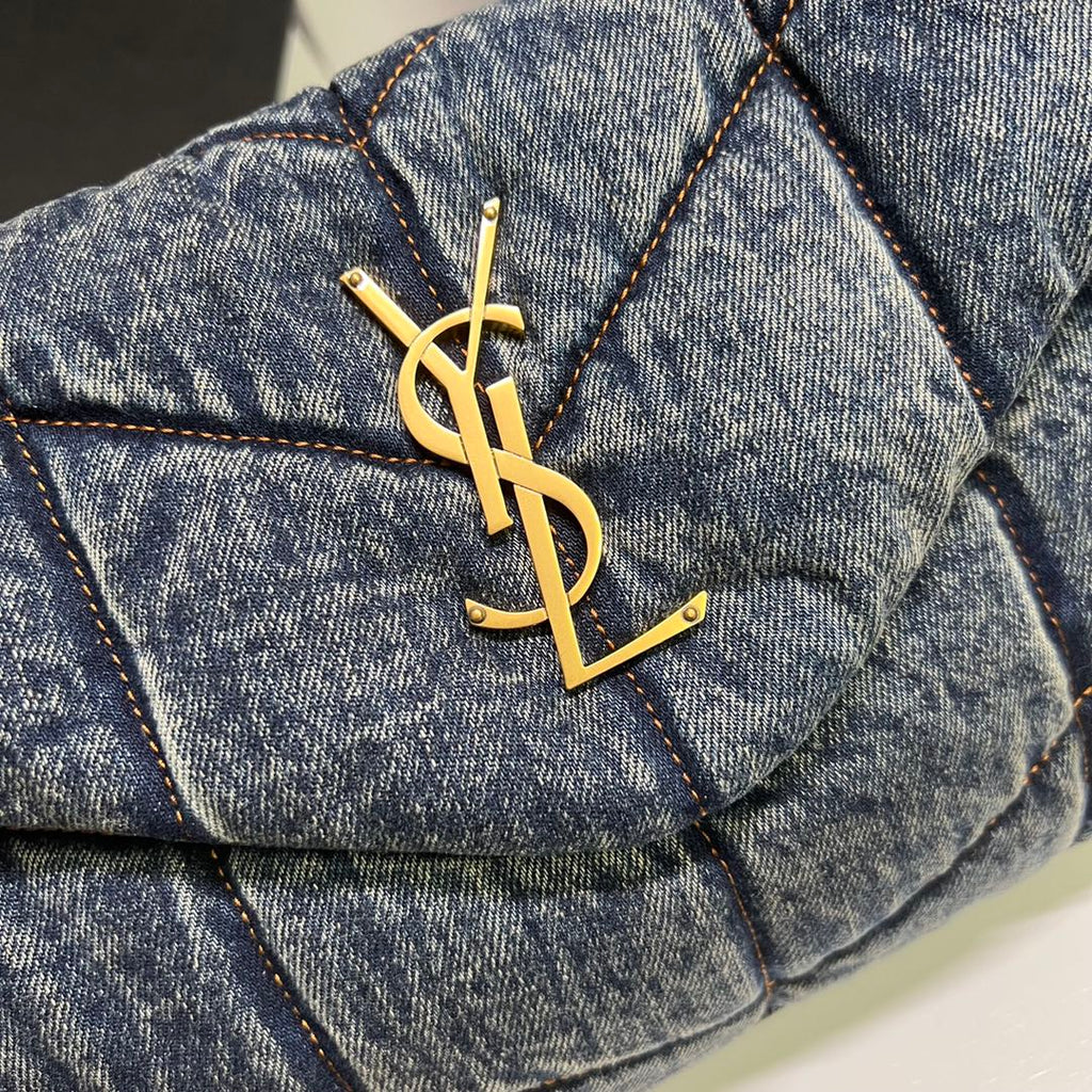 SAINT LAURENT PUFFER BAG 29 IN BLUE GRADIENT DENIM GOLD HARDWARE