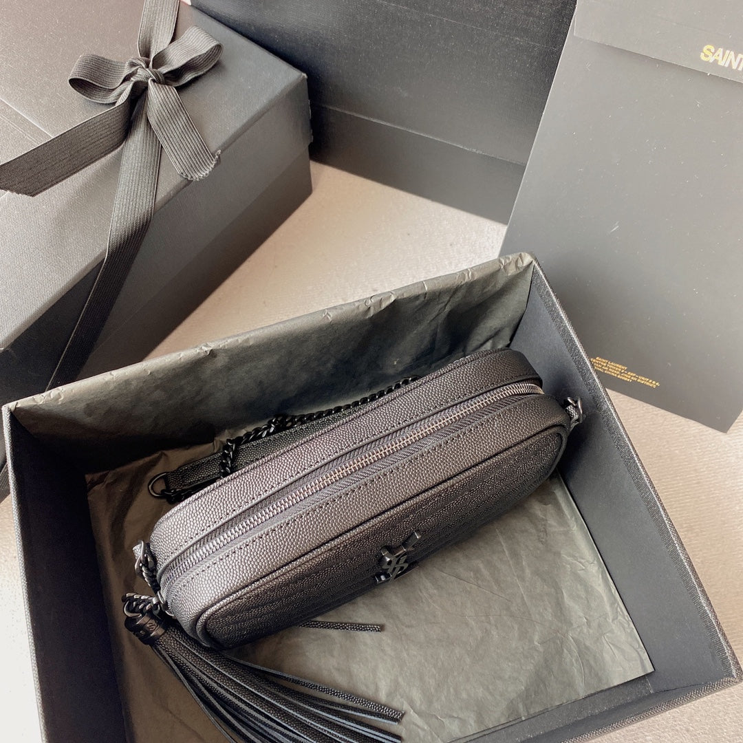 SAINT LAURENT LOU MINI CAMERA BAG 19 IN BLACK CAVIAR PATTERN CALFSKIN BLACK HARDWARE