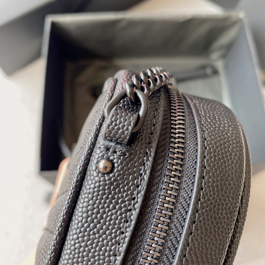 SAINT LAURENT LOU MINI CAMERA BAG 19 IN BLACK CAVIAR PATTERN CALFSKIN BLACK HARDWARE