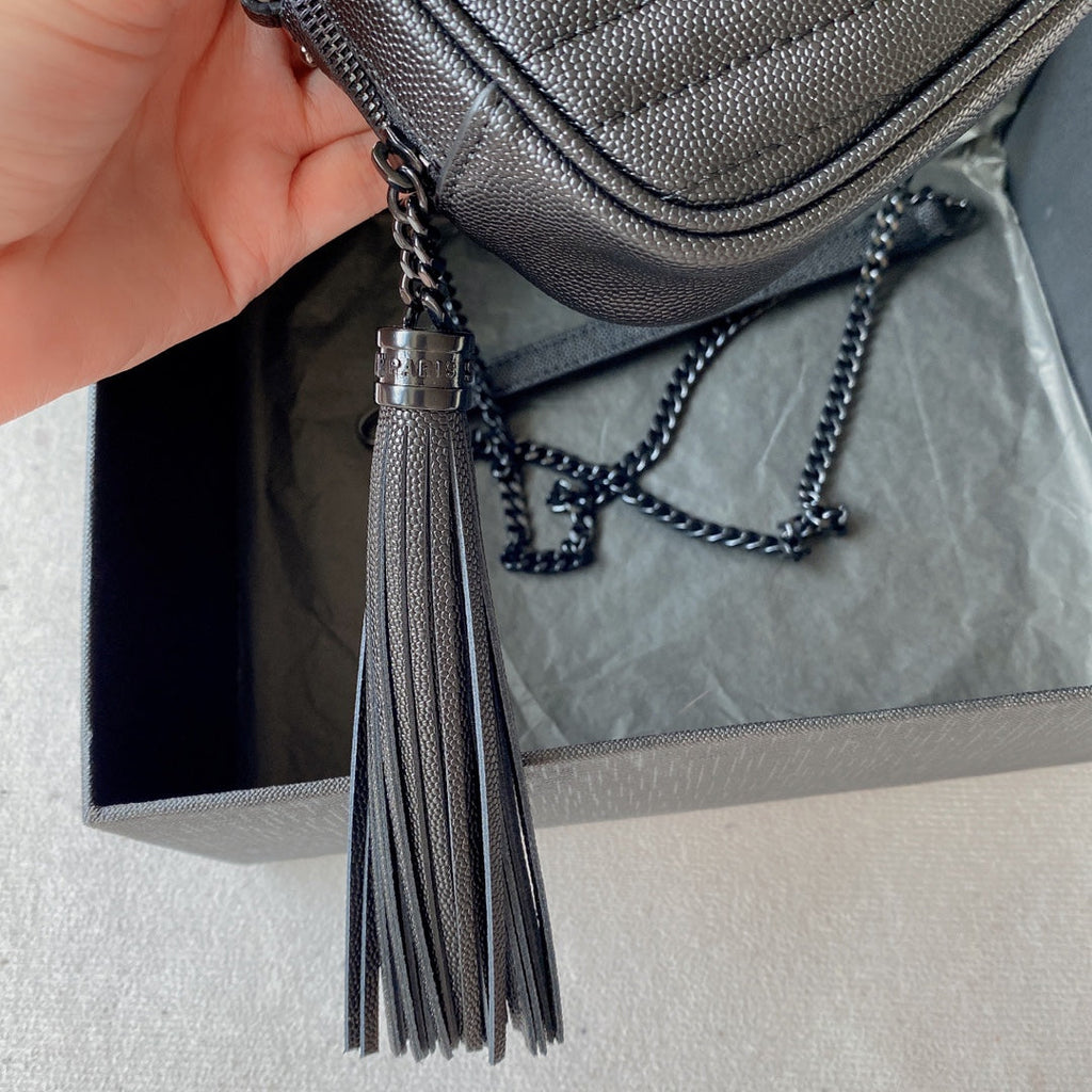 SAINT LAURENT LOU MINI CAMERA BAG 19 IN BLACK CAVIAR PATTERN CALFSKIN BLACK HARDWARE
