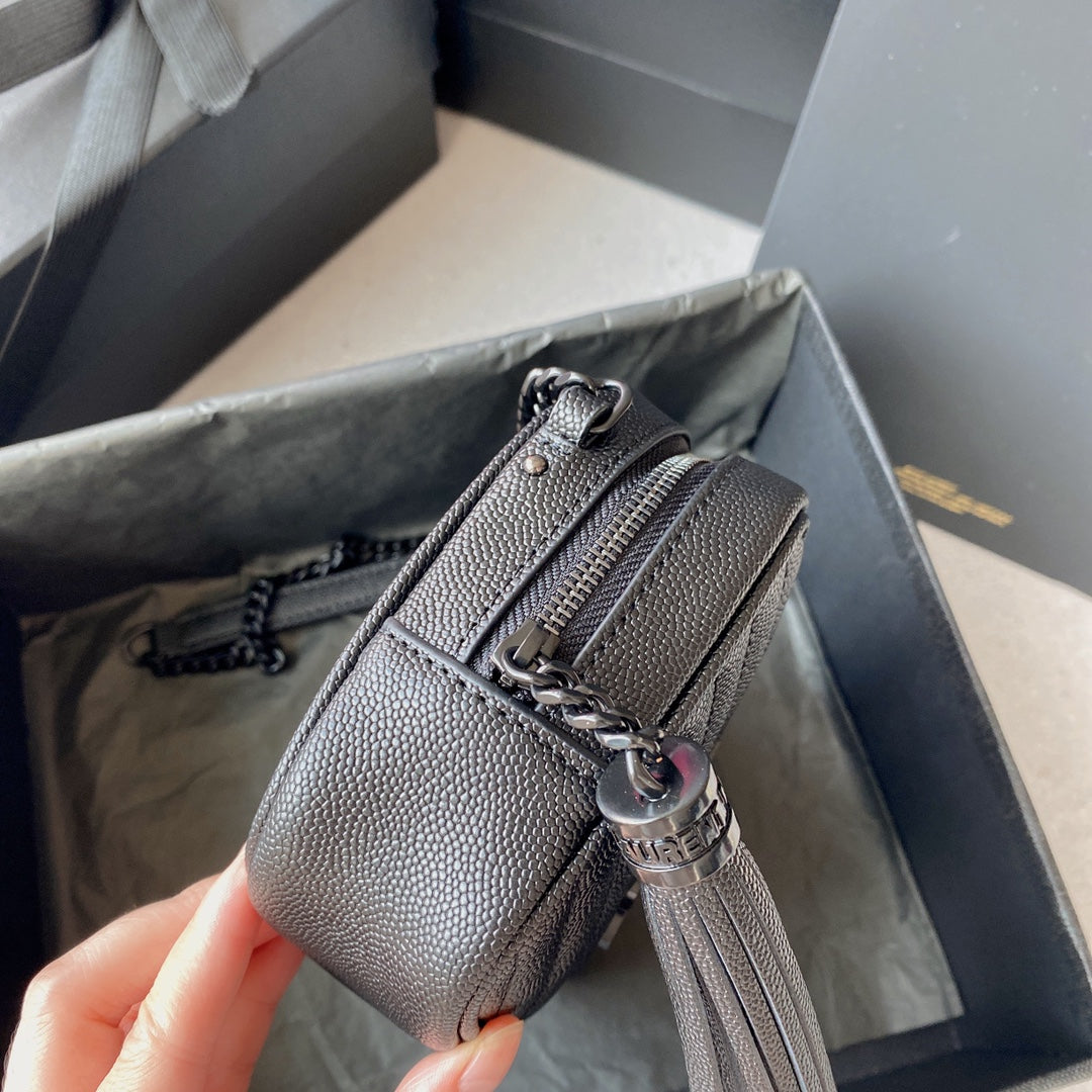 SAINT LAURENT LOU MINI CAMERA BAG 19 IN BLACK CAVIAR PATTERN CALFSKIN BLACK HARDWARE