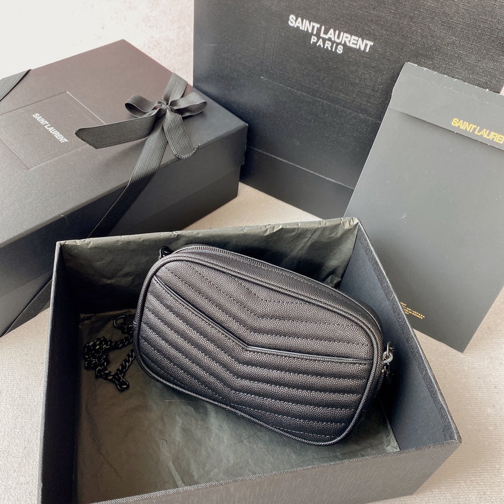 SAINT LAURENT LOU MINI CAMERA BAG 19 IN BLACK CAVIAR PATTERN CALFSKIN BLACK HARDWARE