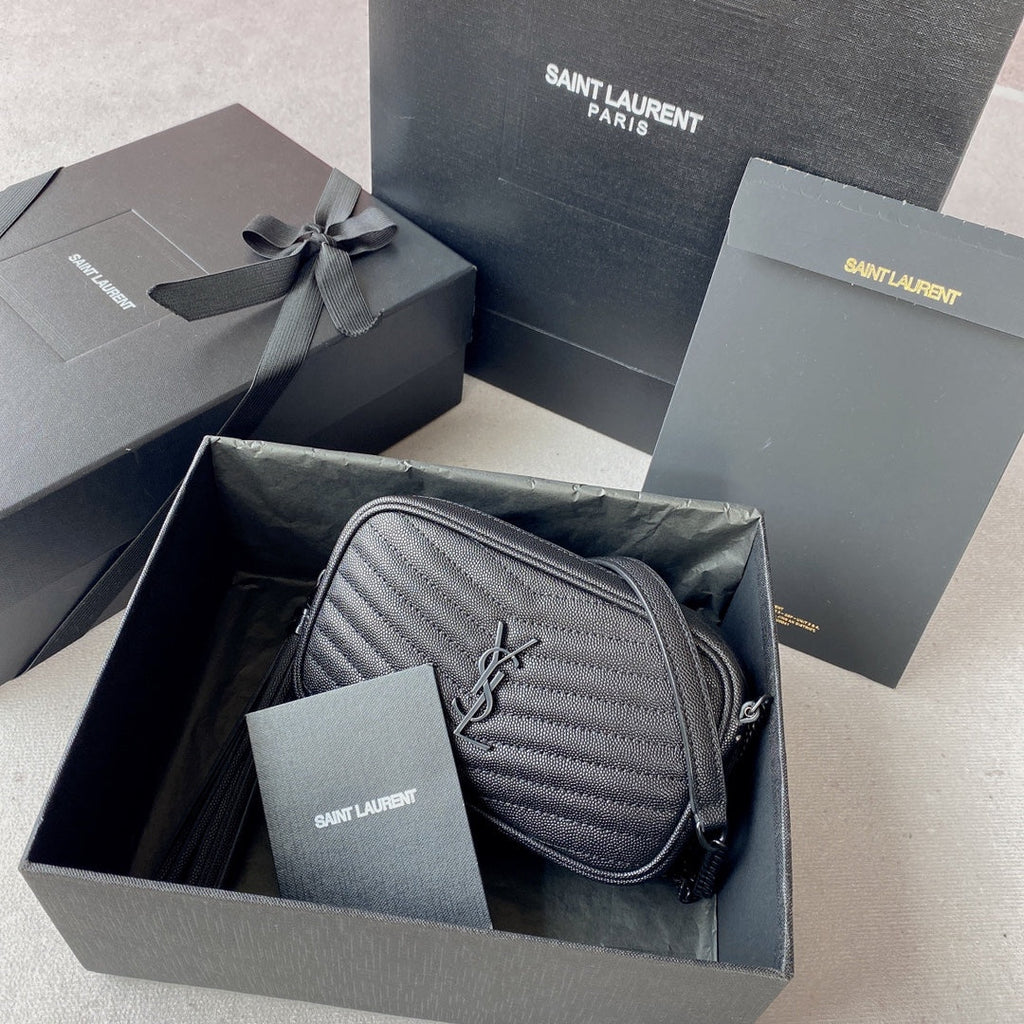 SAINT LAURENT LOU MINI CAMERA BAG 19 IN BLACK CAVIAR PATTERN CALFSKIN BLACK HARDWARE