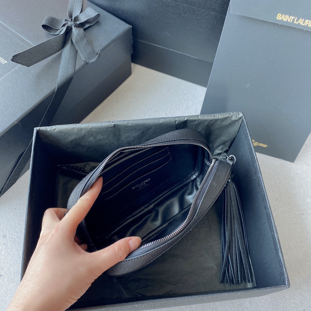 SAINT LAURENT LOU MINI CAMERA BAG 19 IN BLACK CAVIAR PATTERN CALFSKIN BLACK HARDWARE