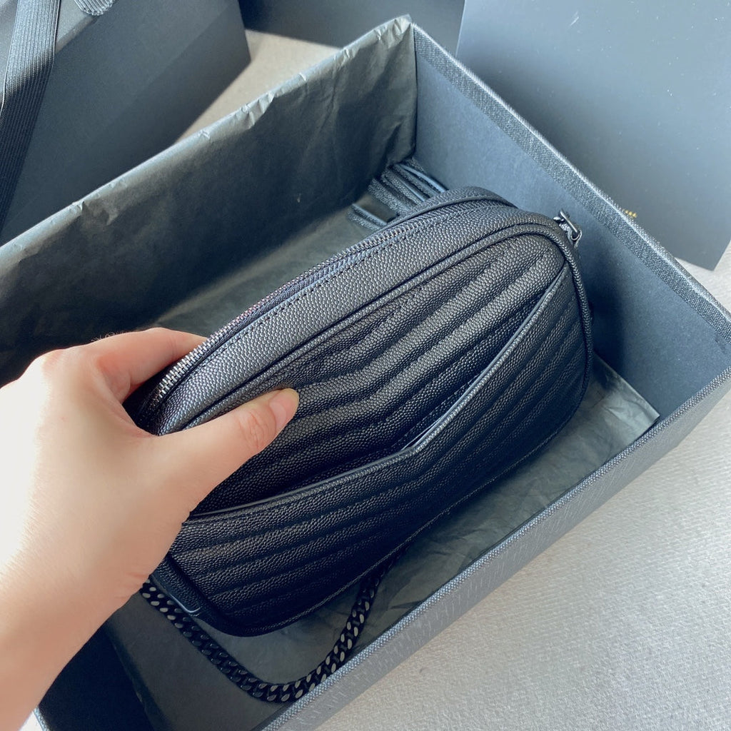 SAINT LAURENT LOU MINI CAMERA BAG 19 IN BLACK CAVIAR PATTERN CALFSKIN BLACK HARDWARE