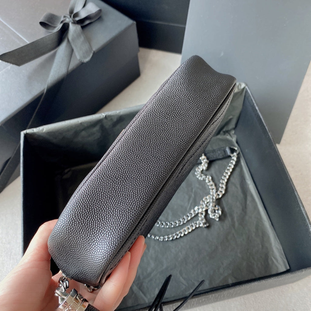 SAINT LAURENT LOU MINI CAMERA BAG 19 IN BLACK CAVIAR PATTERN CALFSKIN SILVER HARDWARE