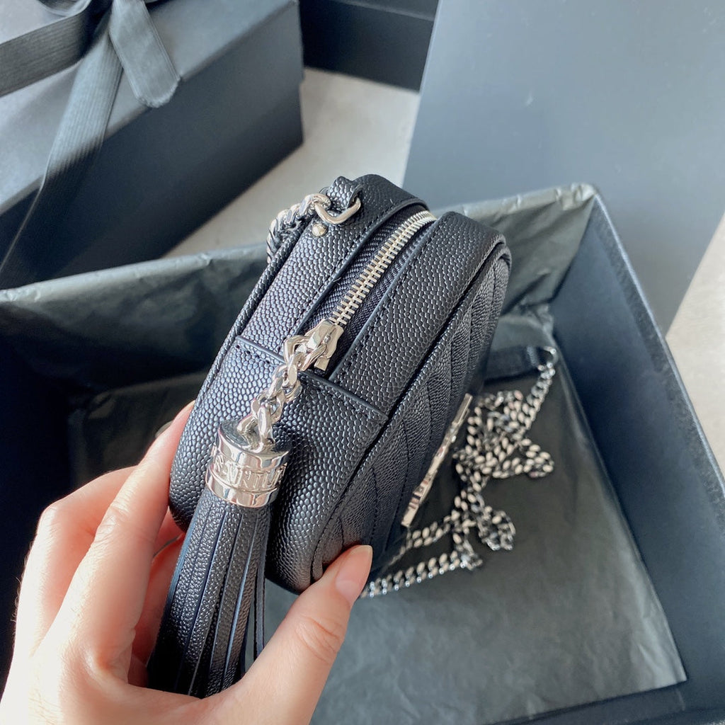 SAINT LAURENT LOU MINI CAMERA BAG 19 IN BLACK CAVIAR PATTERN CALFSKIN SILVER HARDWARE