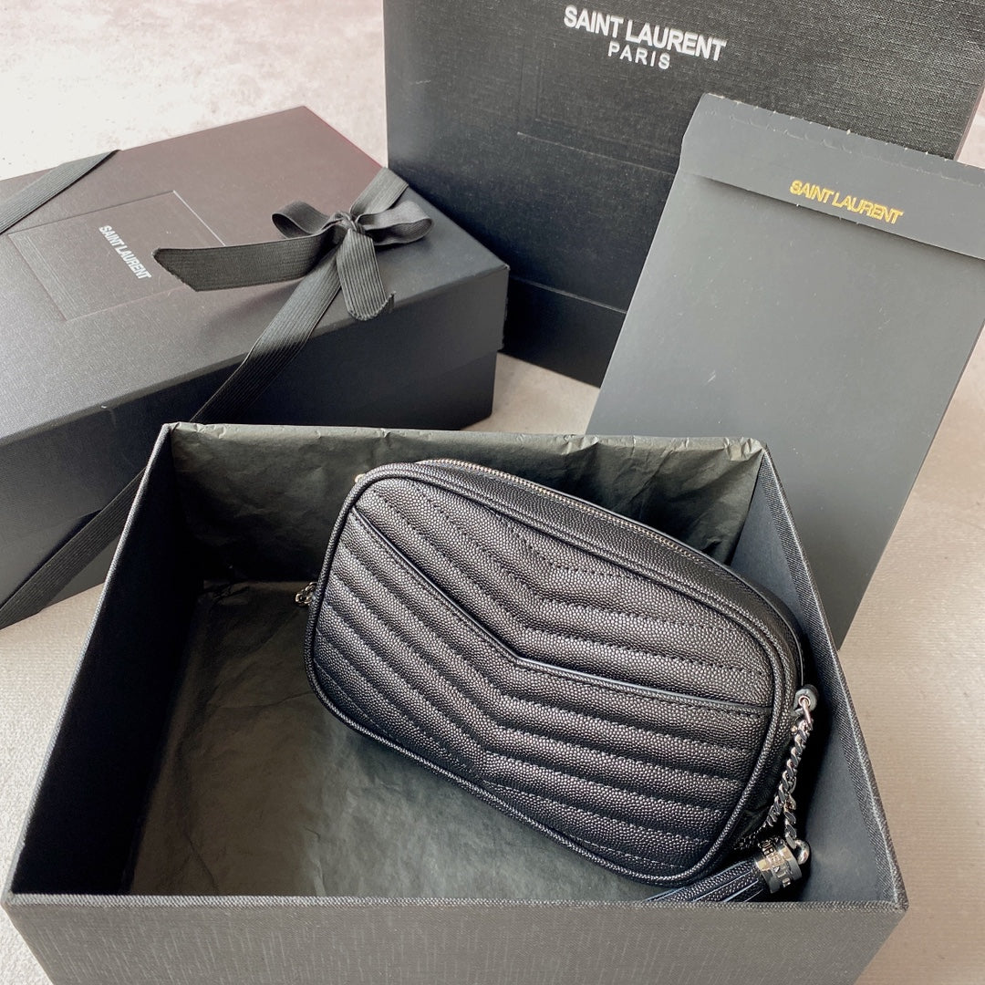 SAINT LAURENT LOU MINI CAMERA BAG 19 IN BLACK CAVIAR PATTERN CALFSKIN SILVER HARDWARE