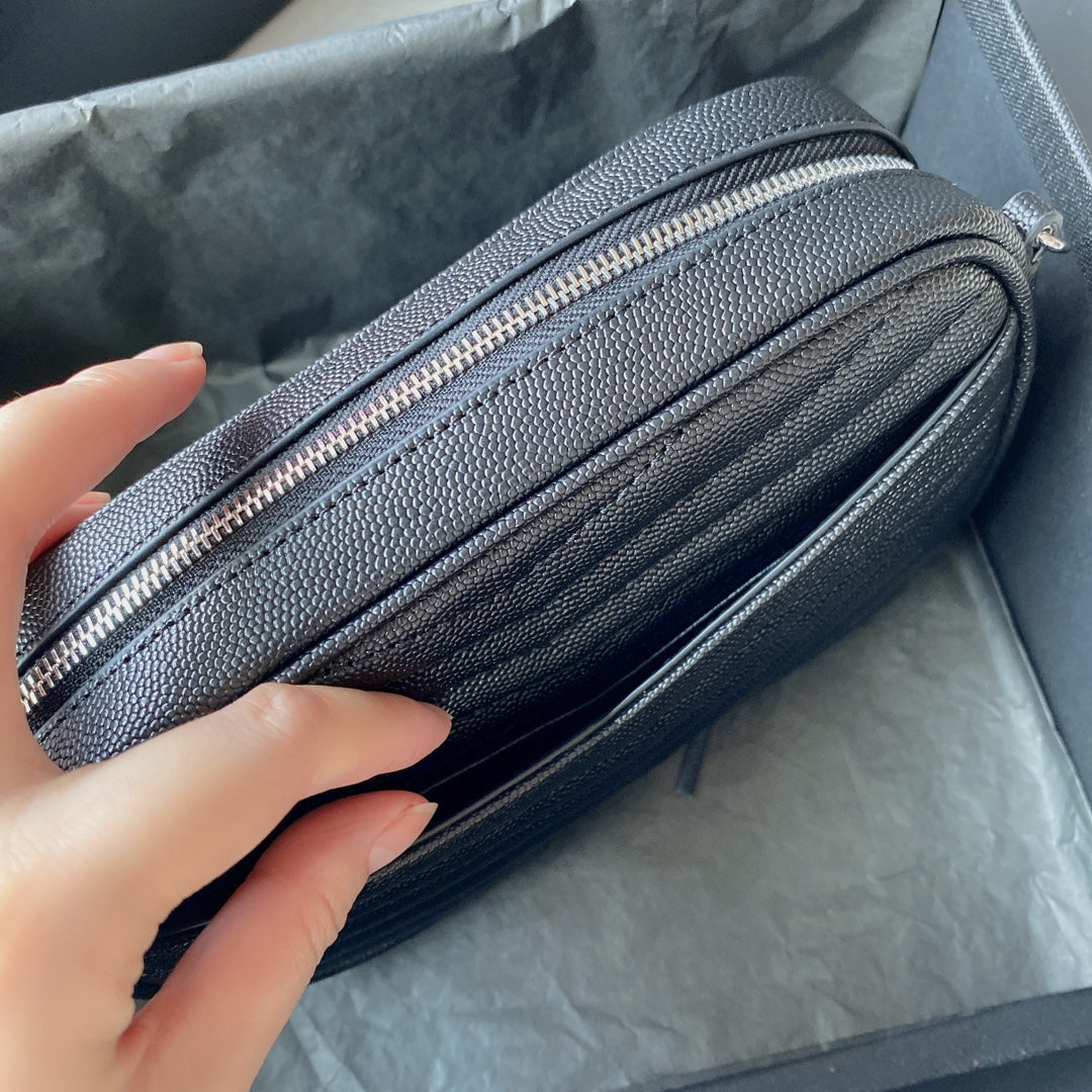 SAINT LAURENT LOU MINI CAMERA BAG 19 IN BLACK CAVIAR PATTERN CALFSKIN SILVER HARDWARE