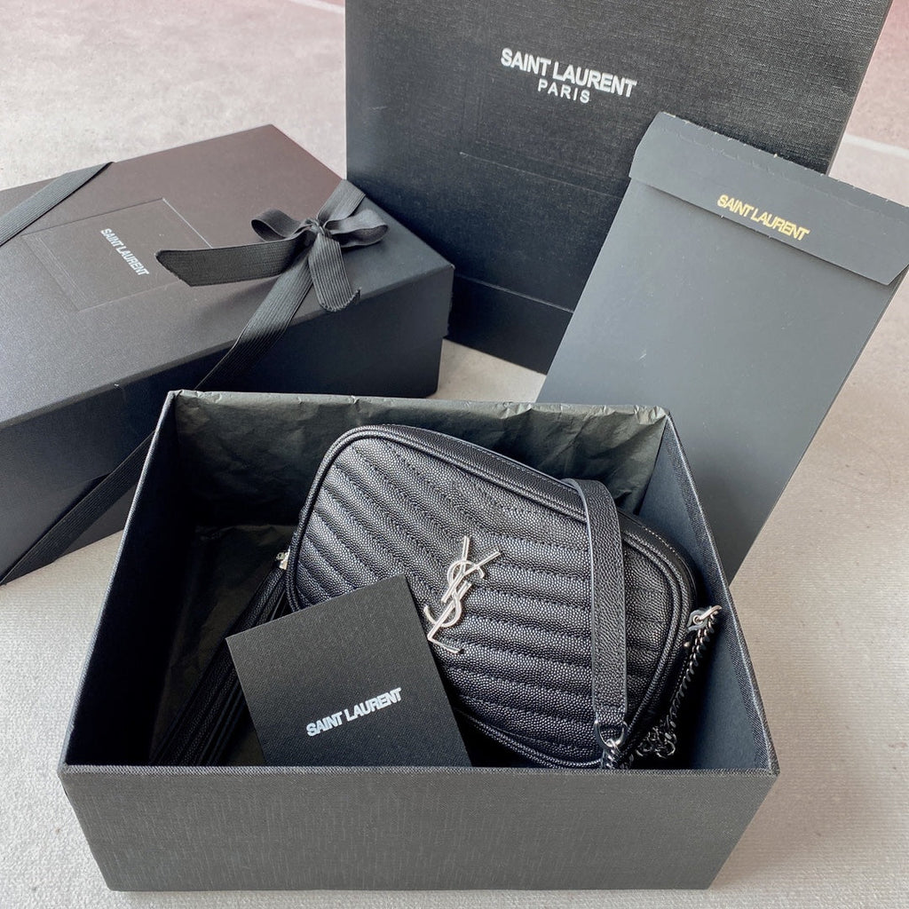 SAINT LAURENT LOU MINI CAMERA BAG 19 IN BLACK CAVIAR PATTERN CALFSKIN SILVER HARDWARE