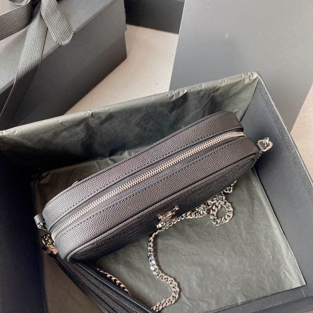 SAINT LAURENT LOU MINI CAMERA BAG 19 IN BLACK CAVIAR PATTERN CALFSKIN SILVER HARDWARE