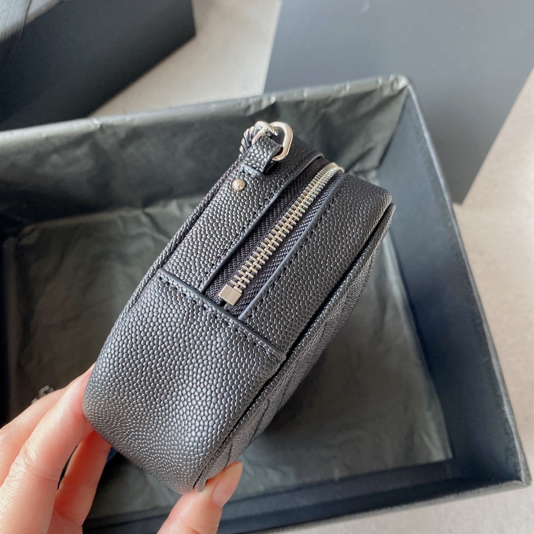 SAINT LAURENT LOU MINI CAMERA BAG 19 IN BLACK CAVIAR PATTERN CALFSKIN SILVER HARDWARE