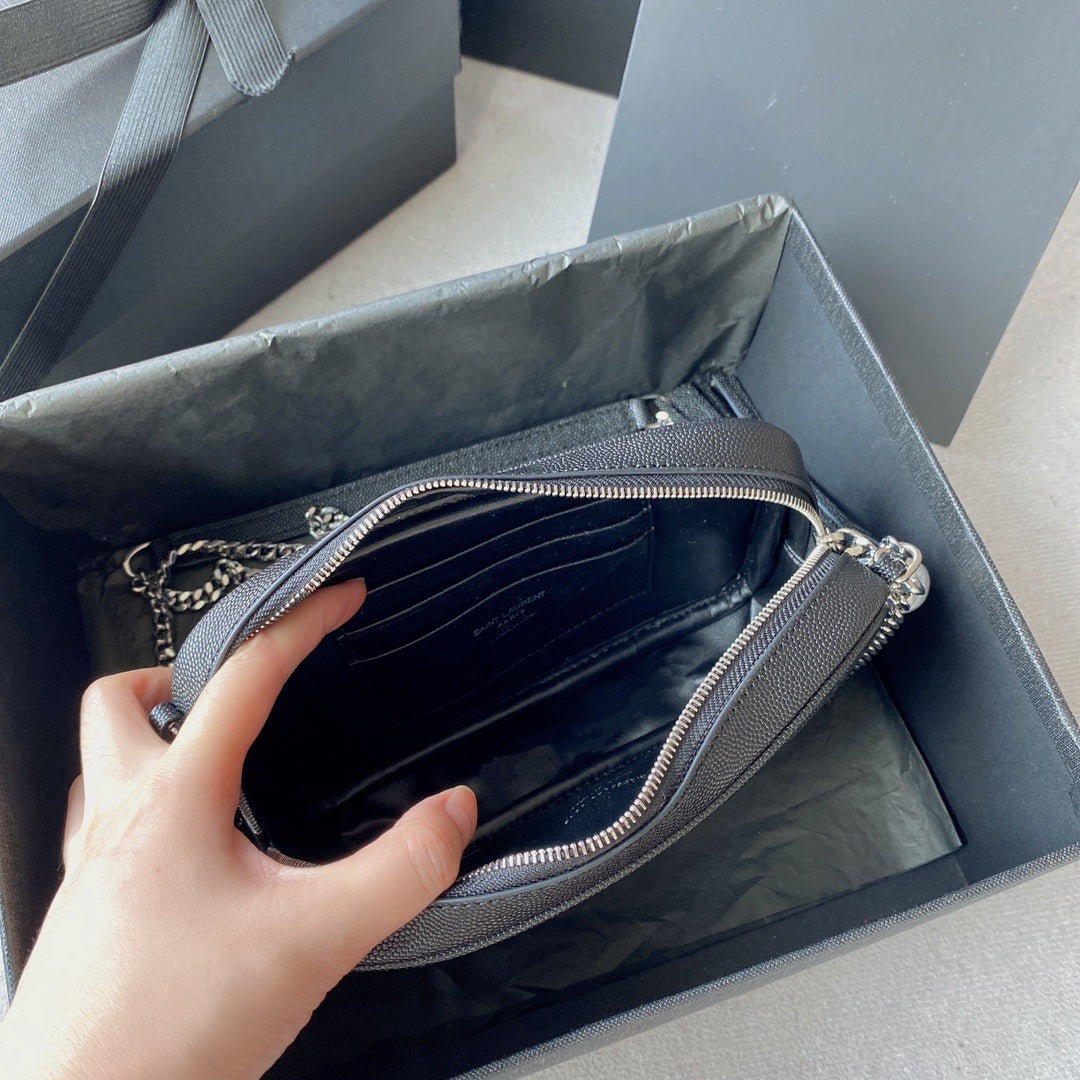 SAINT LAURENT LOU MINI CAMERA BAG 19 IN BLACK CAVIAR PATTERN CALFSKIN SILVER HARDWARE