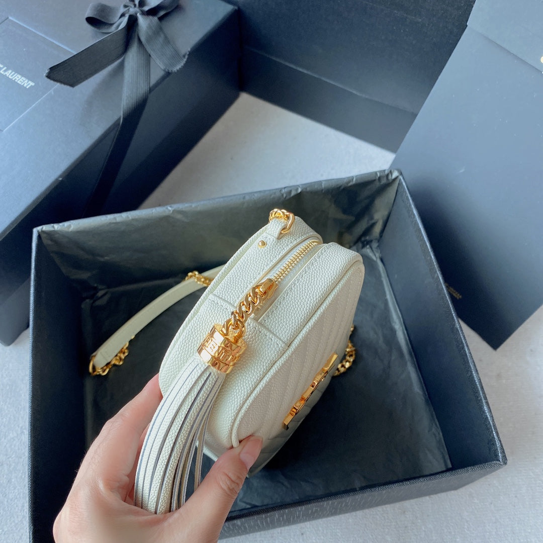 SAINT LAURENT LOU MINI CAMERA BAG 19 IN WHITE CAVIAR PATTERN CALFSKIN GOLD HARDWARE
