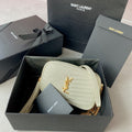 SAINT LAURENT LOU MINI CAMERA BAG 19 IN WHITE CAVIAR PATTERN CALFSKIN GOLD HARDWARE