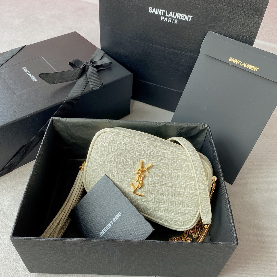 SAINT LAURENT LOU MINI CAMERA BAG 19 IN WHITE CAVIAR PATTERN CALFSKIN GOLD HARDWARE