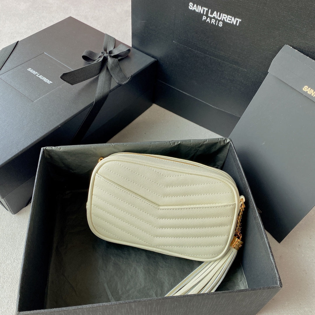 SAINT LAURENT LOU MINI CAMERA BAG 19 IN WHITE CAVIAR PATTERN CALFSKIN GOLD HARDWARE