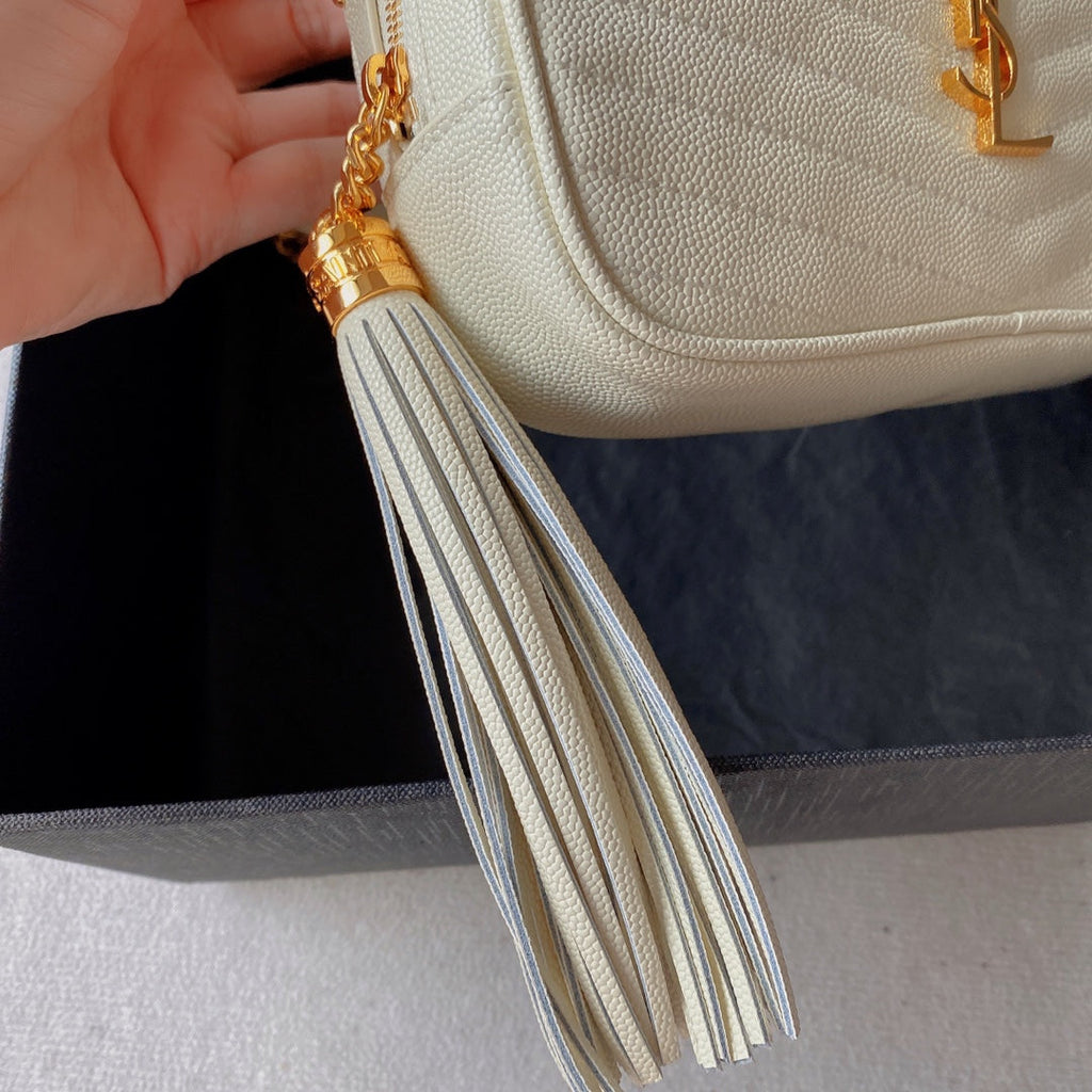 SAINT LAURENT LOU MINI CAMERA BAG 19 IN WHITE CAVIAR PATTERN CALFSKIN GOLD HARDWARE