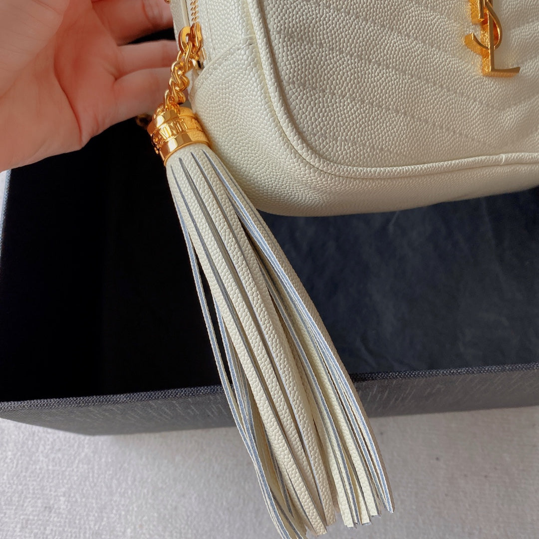 SAINT LAURENT LOU MINI CAMERA BAG 19 IN WHITE CAVIAR PATTERN CALFSKIN GOLD HARDWARE