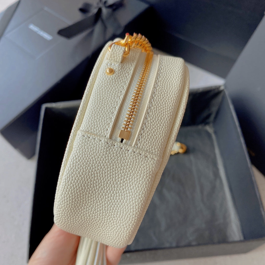 SAINT LAURENT LOU MINI CAMERA BAG 19 IN WHITE CAVIAR PATTERN CALFSKIN GOLD HARDWARE