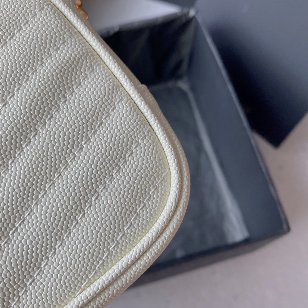 SAINT LAURENT LOU MINI CAMERA BAG 19 IN WHITE CAVIAR PATTERN CALFSKIN GOLD HARDWARE