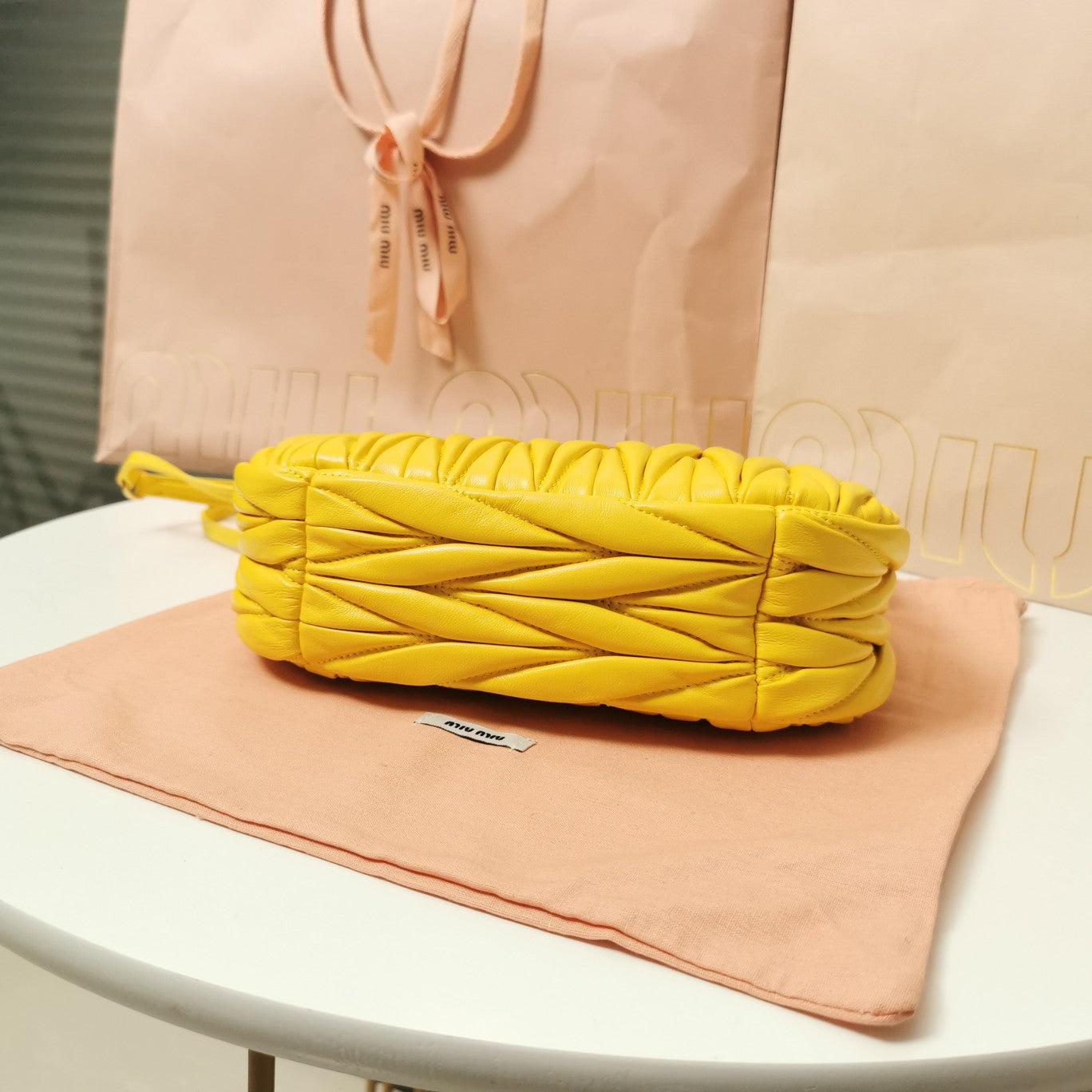 MIU MIU WANDER MATELASSÉ NAPPA HOBO BAG 23 IN YELLOW LAMBSKIN