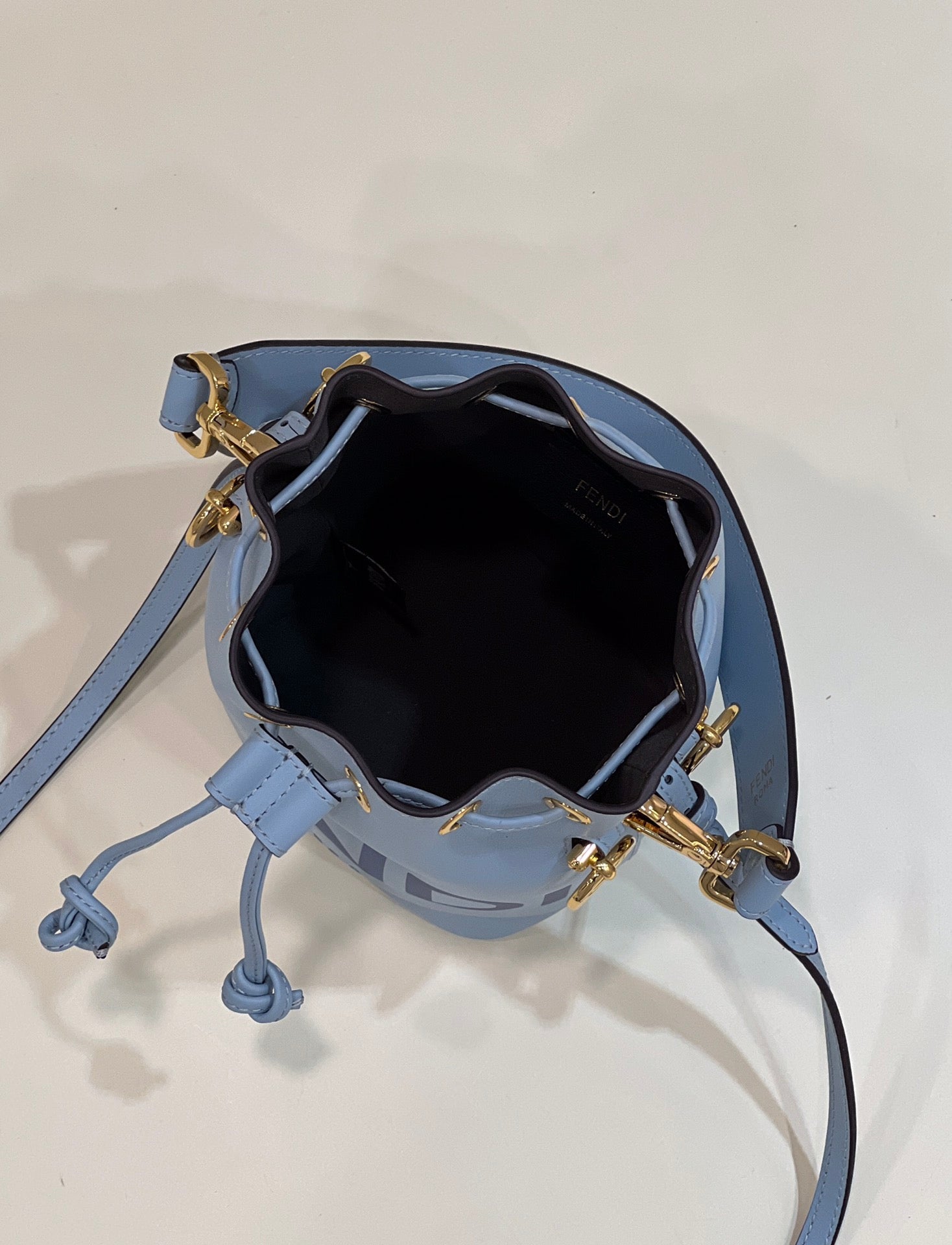 FENDI MON TRESOR MINI 18 BAG IN LIGHT BLUE CALFSKIN FF WITH GOLD HARDWARE