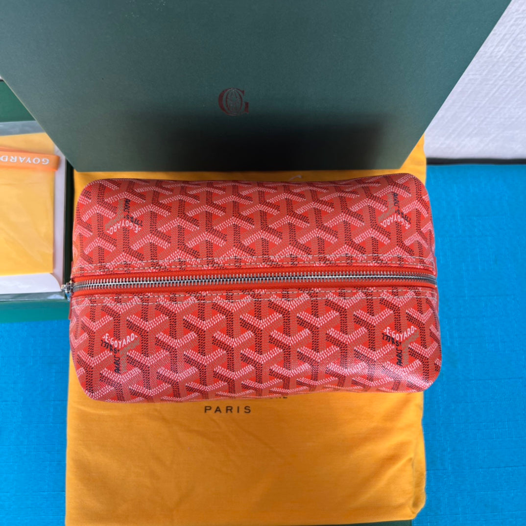GOYARD BOWLING TOILETRY BAG 25 IN RED ORANGE GOYARDINE CANVAS AND CALFSKIN