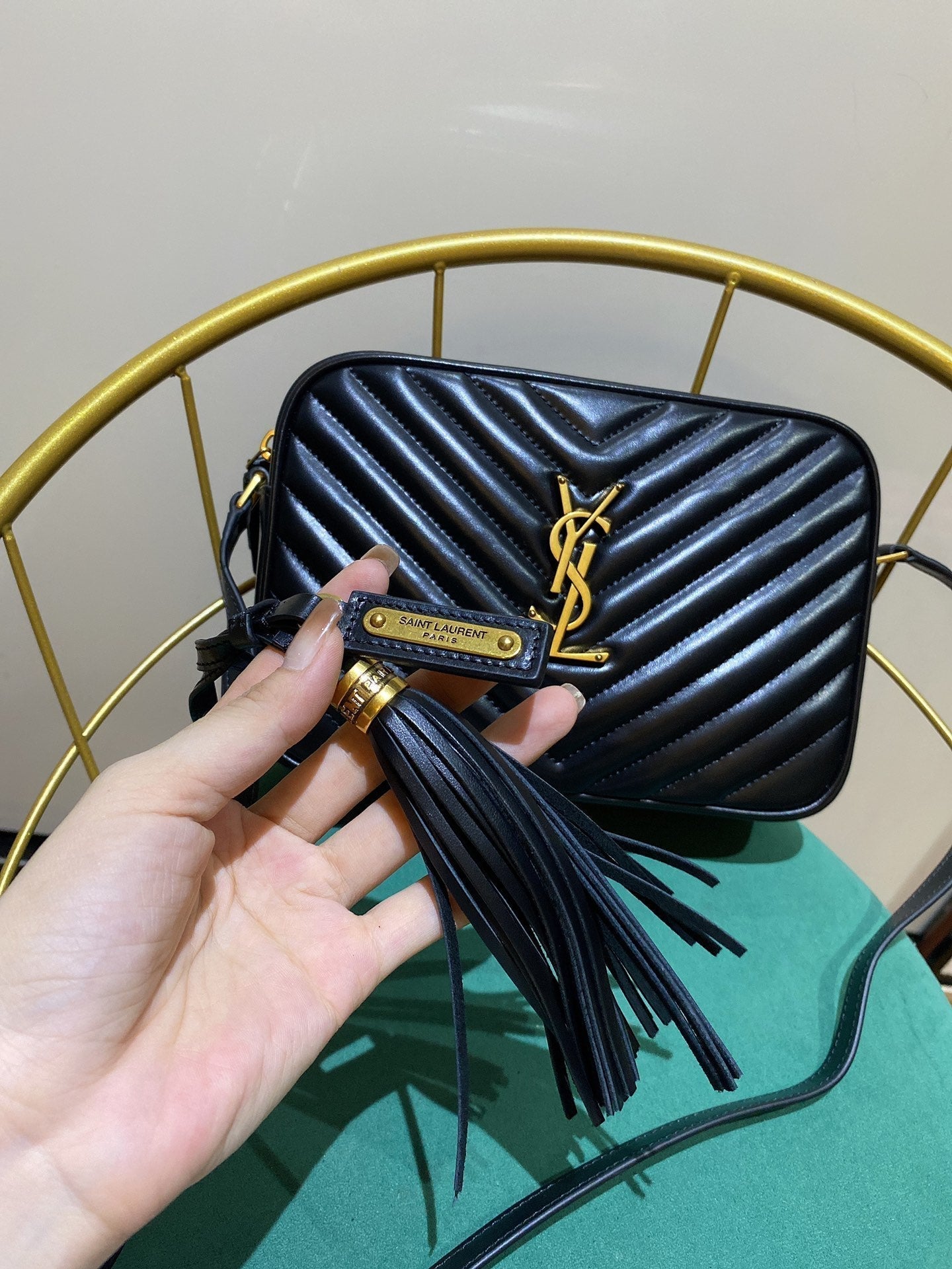 SAINT LAURENT LOU 23 CAMERA BAG IN BLACK/ GOLD QUILTED LEATHER